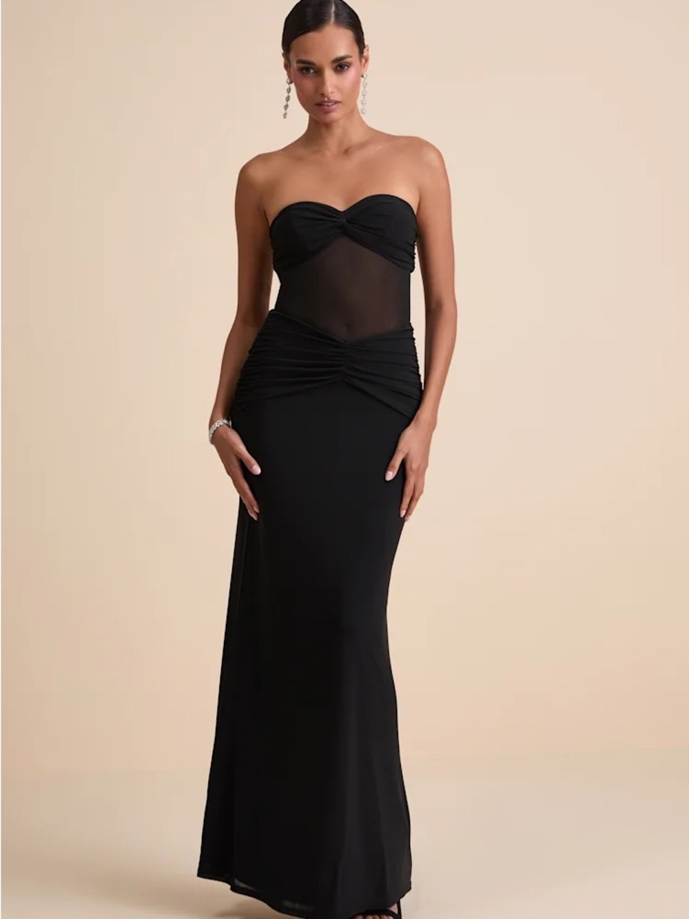 Lulus Strapless Black Mesh Panel Evening Gown